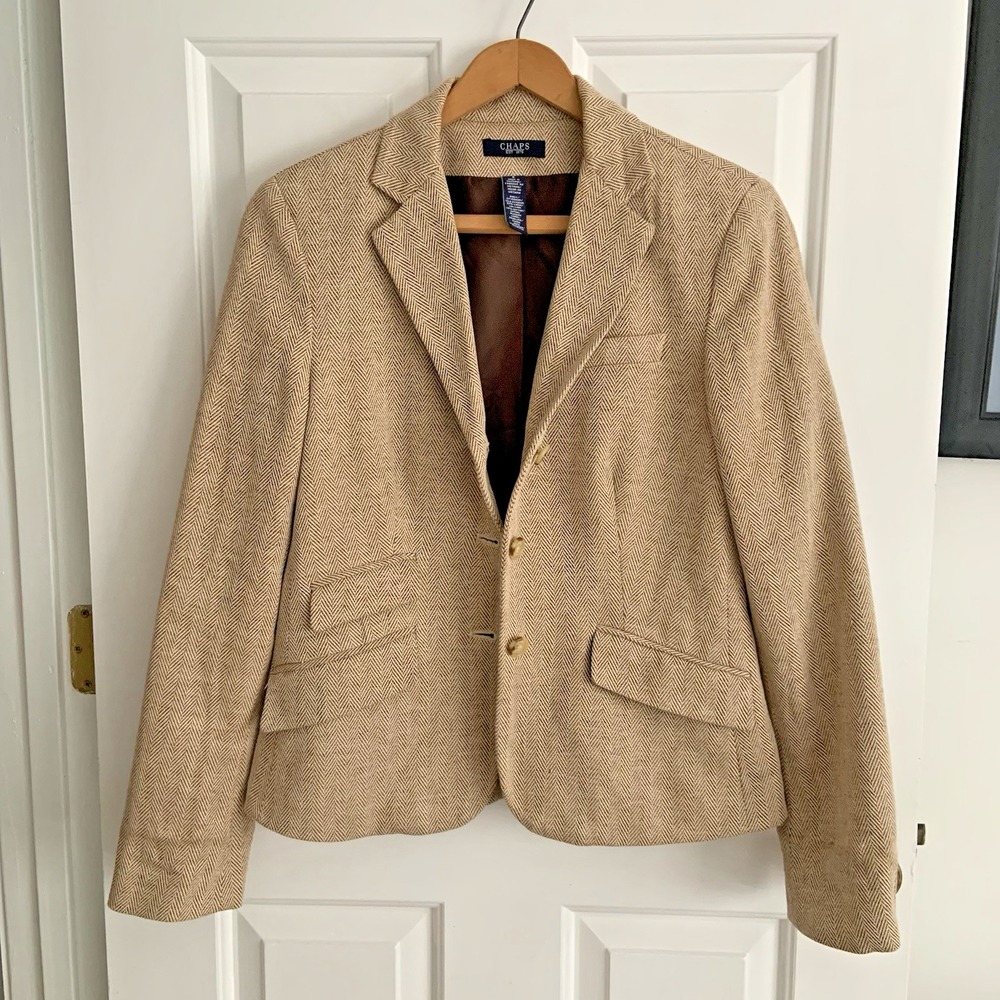 Chaps Blazer 8 Beige Brown Herringbone Linen Cotton Tweed Career Blazer Classic